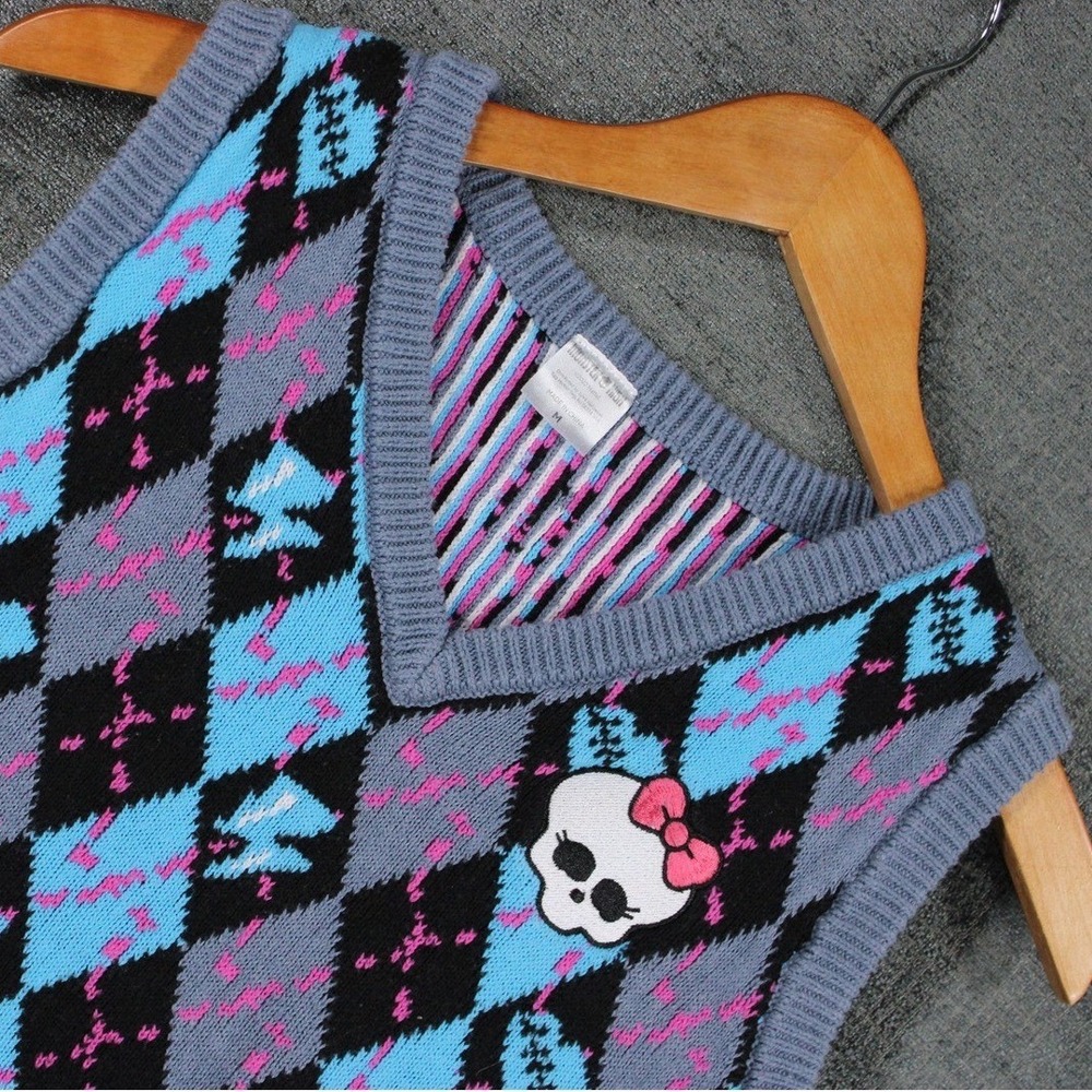 Monster High Argyle Sweater Vest Blue Black Grey Skullette Cropped Knit Medium